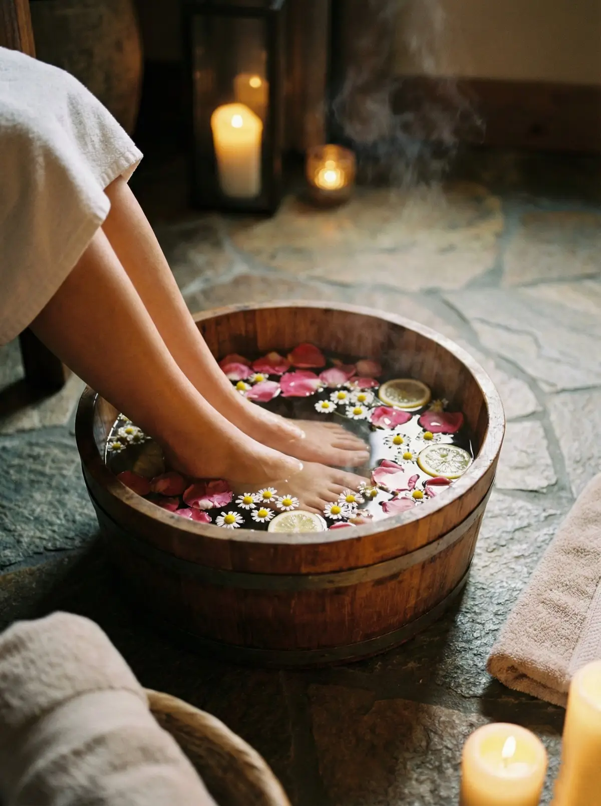 따뜻한 물에 발을 담그고 휴식하는 편안한 족욕 이미지