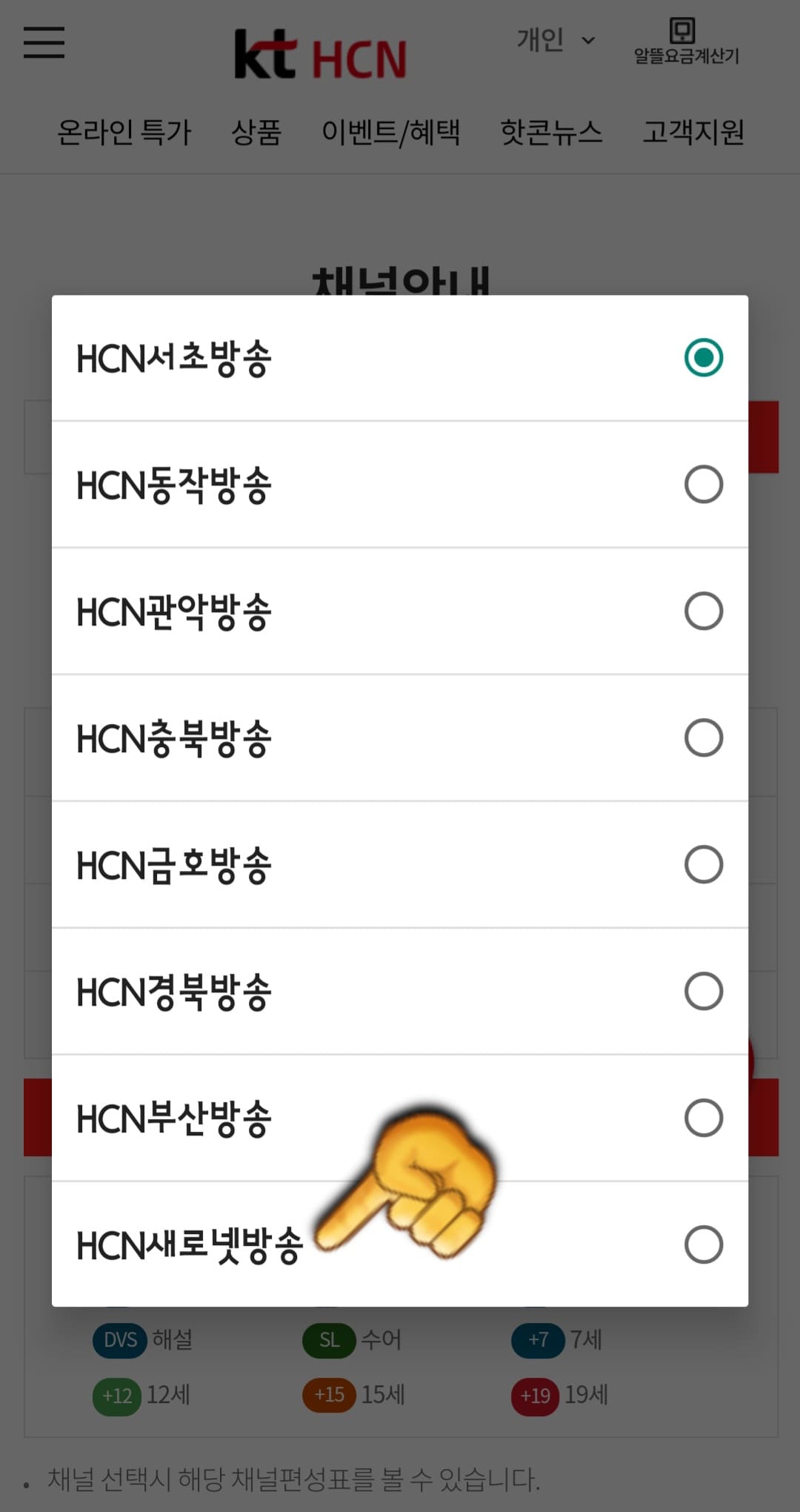 KT-HCN-새로넷방송-채널번호-및-편성표-확인-방법-안내-그다음,-지역-방송국을-HCN새로넷방송,-방송-선택도-다시-선택한-후,-원하는-방송-장르를-선택하면-되는데요.