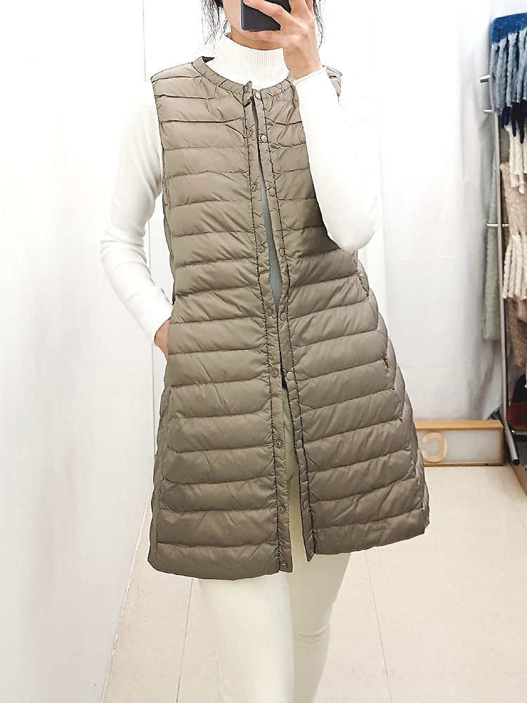 경량 덕다운 베이직 울트라 라이트 롱 패딩 조끼 오리털 라운드