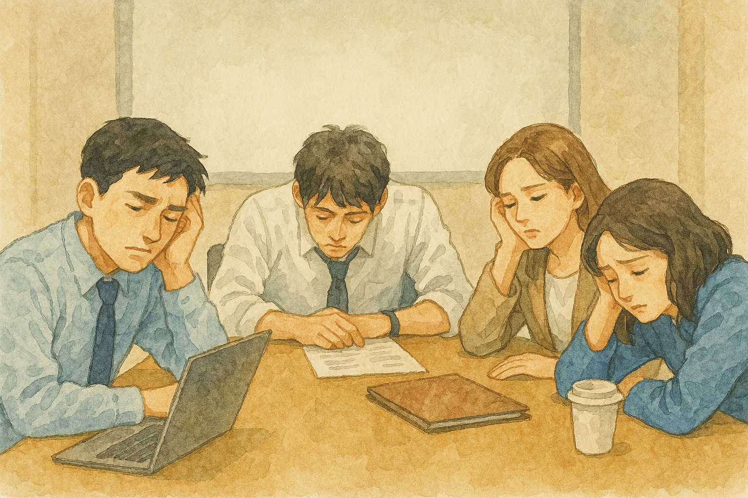 회의실의 피로한 직장인들