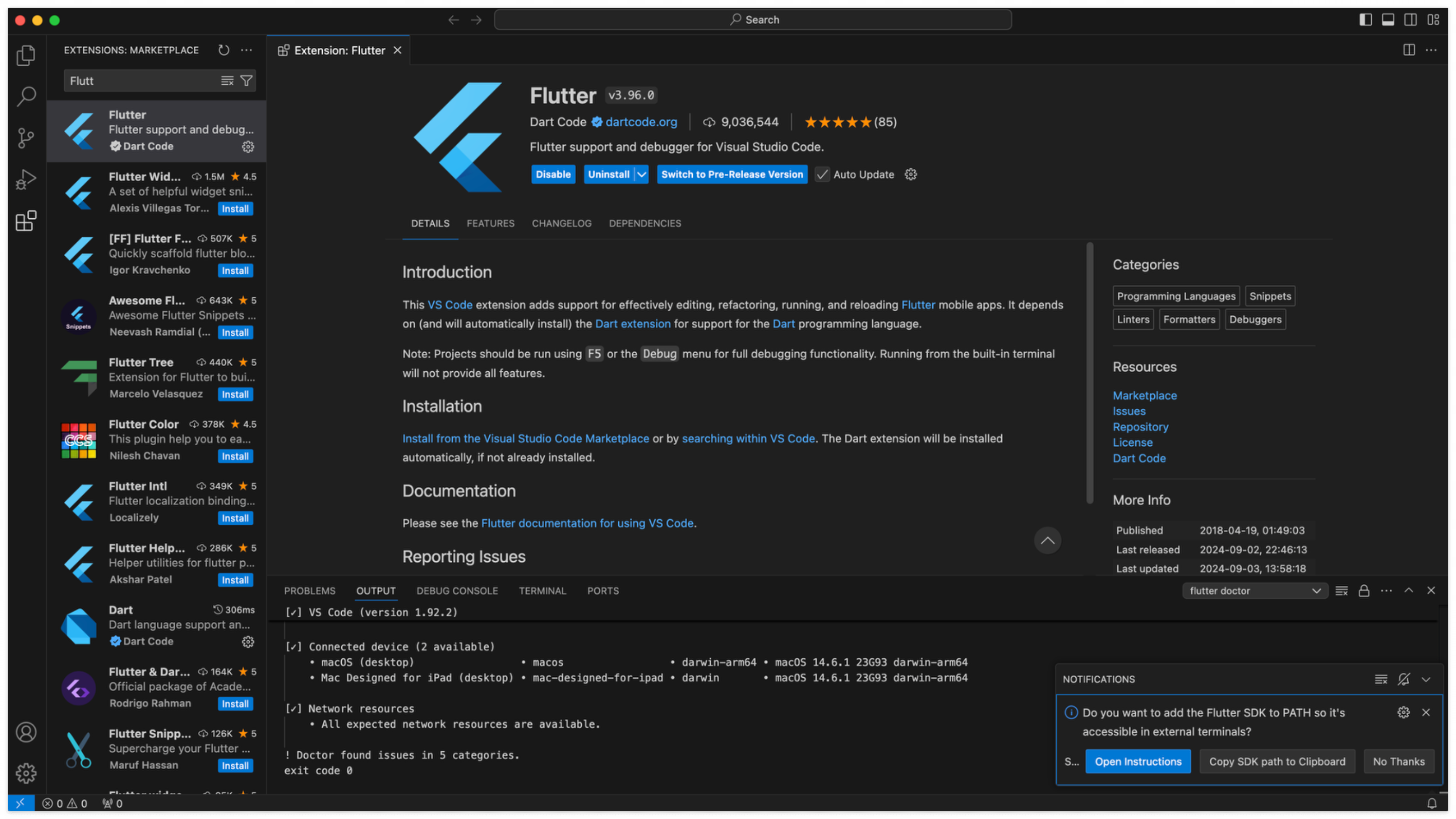 Flutter SDK위치를 환경변수 PATH에 추가하라는 메시지
