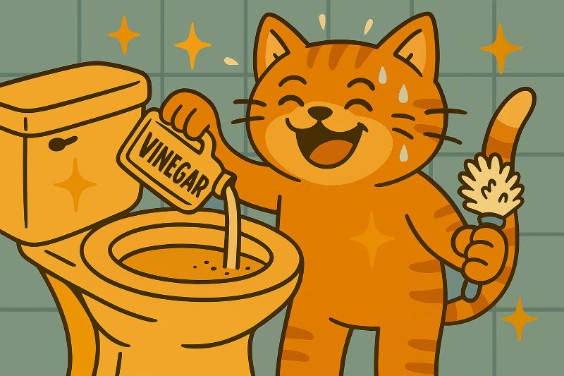 "귀여운 고양이가 화장실 배수구에 식초를 붓고, 다른 한 손에는 청소 솔을 들고 웃고 있는 모습. 주변에는 반짝이는 효과가 있다."(AI생성)