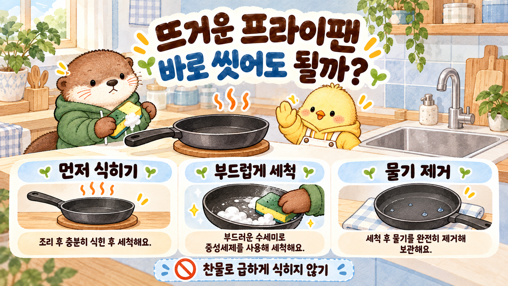 뜨거운 코팅 프라이팬을 식힌 뒤 부드럽게 세척하고 물기를 제거하는 순서를 정리한 글