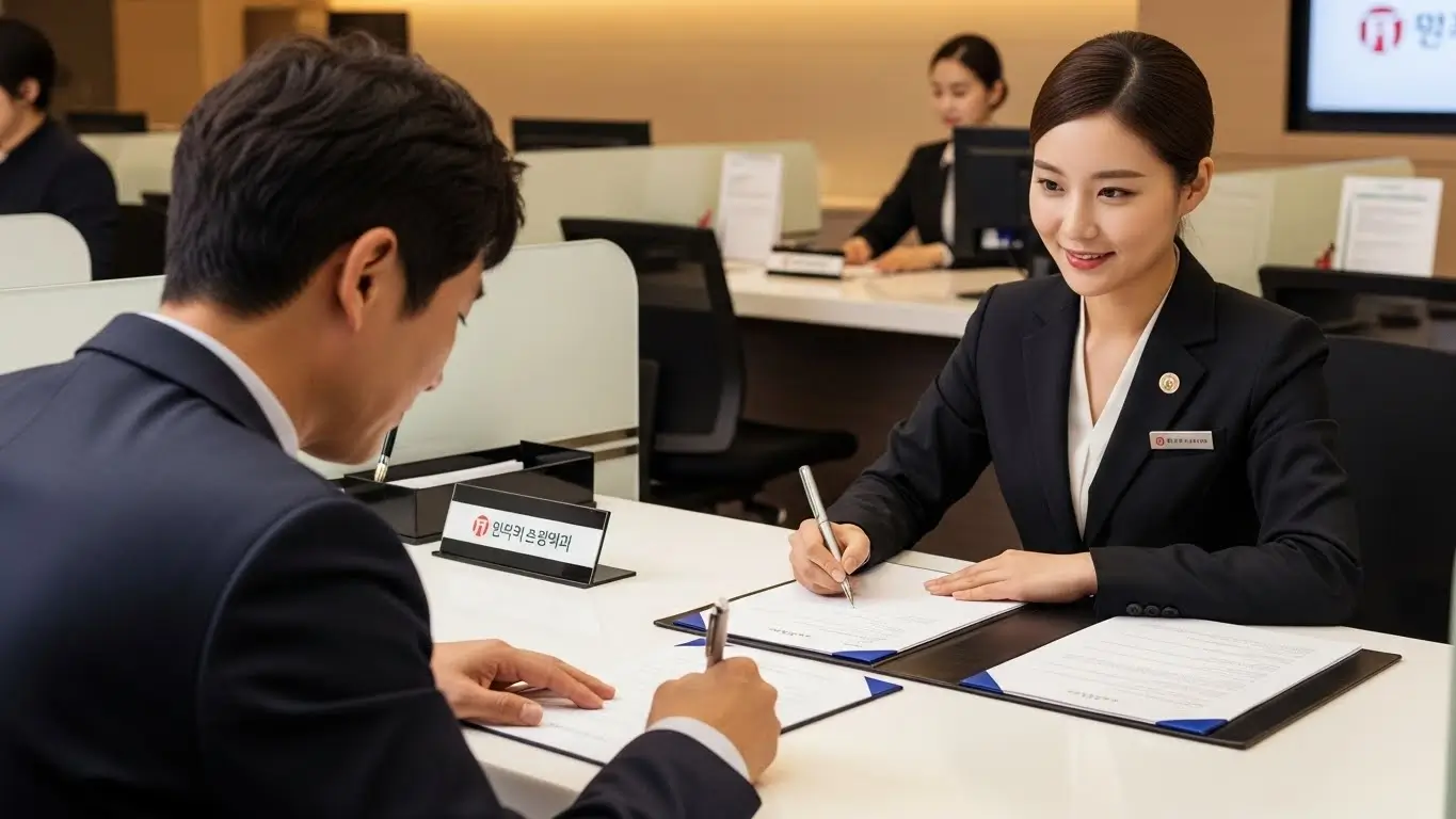 은행 창구에서 전세 대출 연장 계약서에 서명하며 주거 안정을 되찾은 세입자의 모습