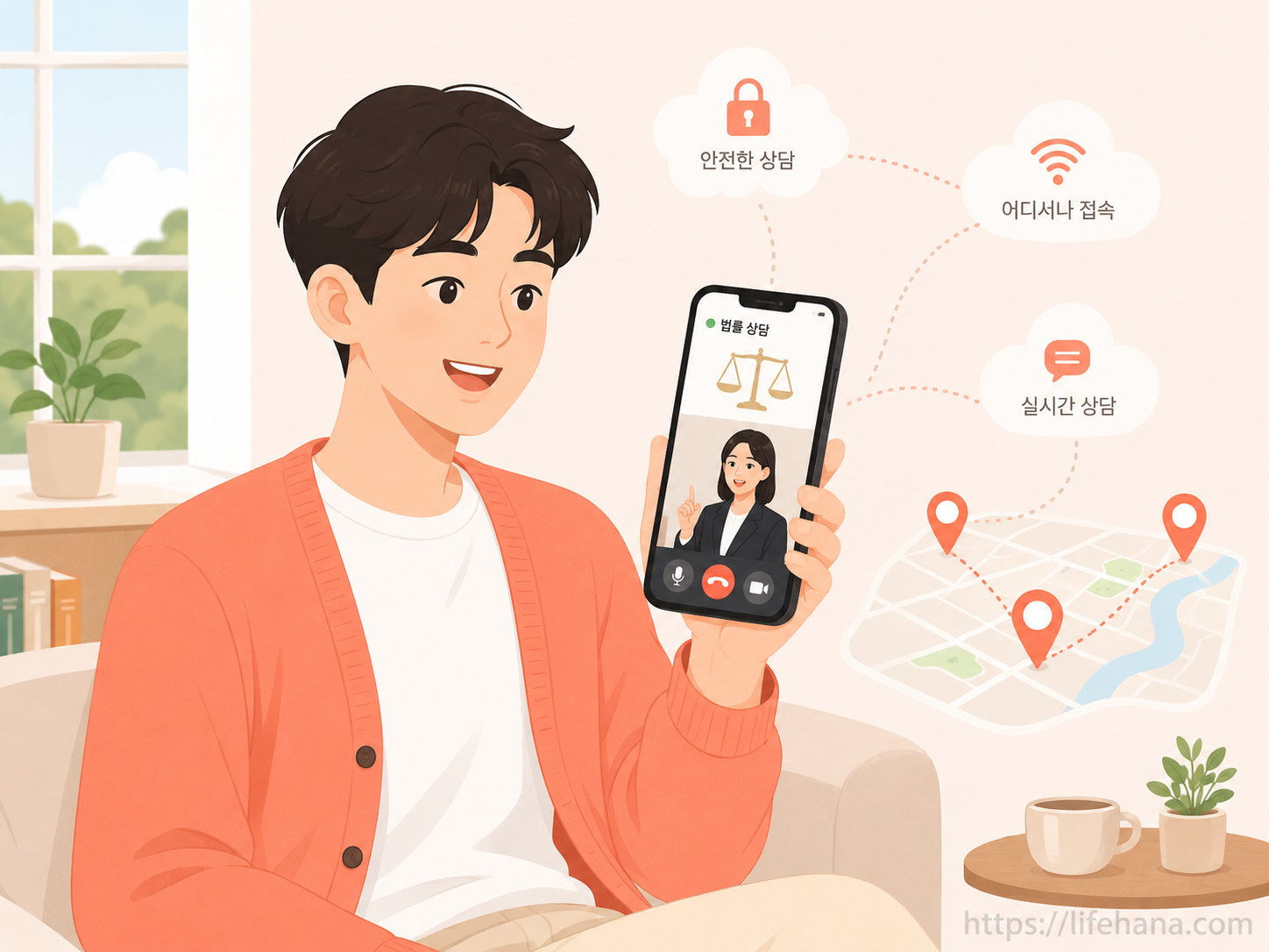 도서·산간 지역에서 스마트폰 화상 통화 아이콘을 활용해 온라인 원격 행정심판에 참여하는 모습 인포그래픽
