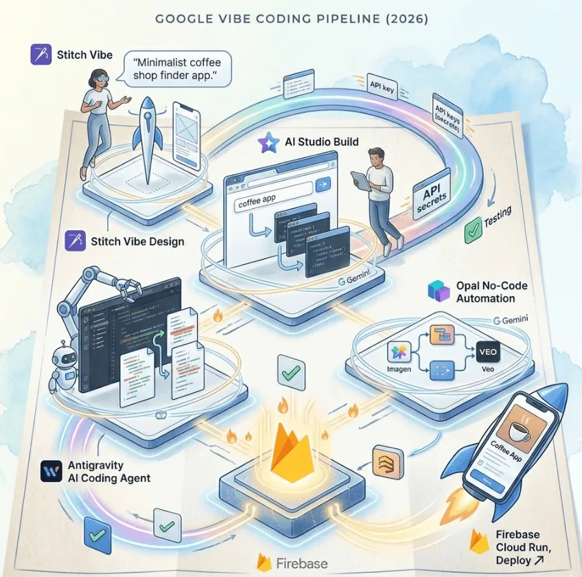 구글 바이브 코딩: 구글의 2026년 바이브 코딩 파이프라인 인포그래픽입니다. 중앙의 파이어베이스(Firebase) 허브를 중심으로 네 가지 핵심 도구가 유기적으로 연결되어 있습니다. 사용자가 스티치 바이브(Stitch Vibe)에서 앱 아이디어를 입력하면&amp;#44; AI 스튜디오 빌드(AI Studio Build)가 코드를 생성하고 안티그래비티(Antigravity) AI 에이전트가 코드를 자율적으로 수정 및 테스트합니다. 오팔 노코드(Opal No-Code)는 AI 모델들을 블록 방식으로 연결하여 자동화 워크플로우를 구축합니다. 이 모든 과정이 파이어베이스를 통해 통합되고 클라우드 런(Cloud Run)으로 배포되어 완성된 앱이 로켓처럼 솟아오르는 모습을 시각화했습니다. (Google Vibe Coding Pipeline&amp;#44; Stitch Vibe&amp;#44; AI Studio Build&amp;#44; Antigravity&amp;#44; Opal No-Code&amp;#44; Firebase&amp;#44; Cloud Run&amp;#44; fullstack&amp;#44; deployment) 