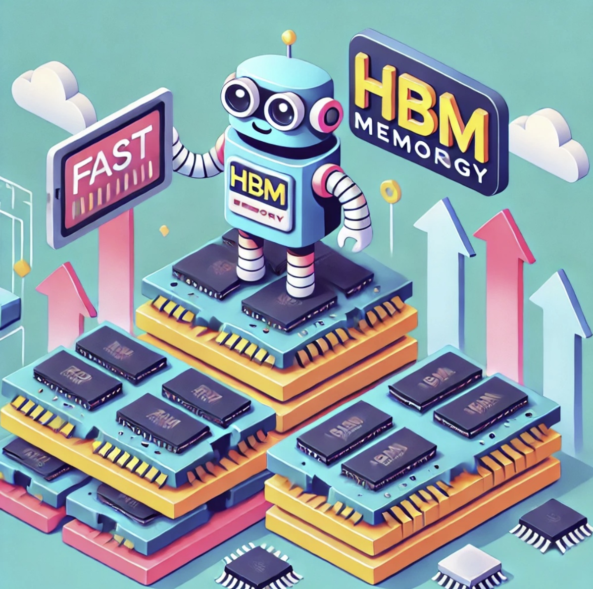 HBM 반도체 위에 로봇이 있는 모습