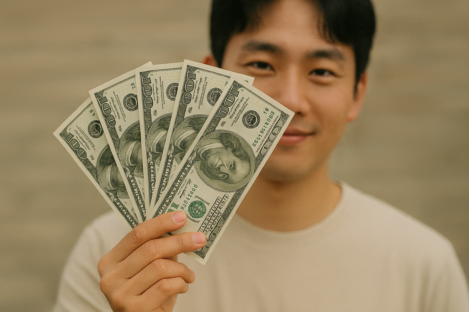 돈을 들고 있는 청년