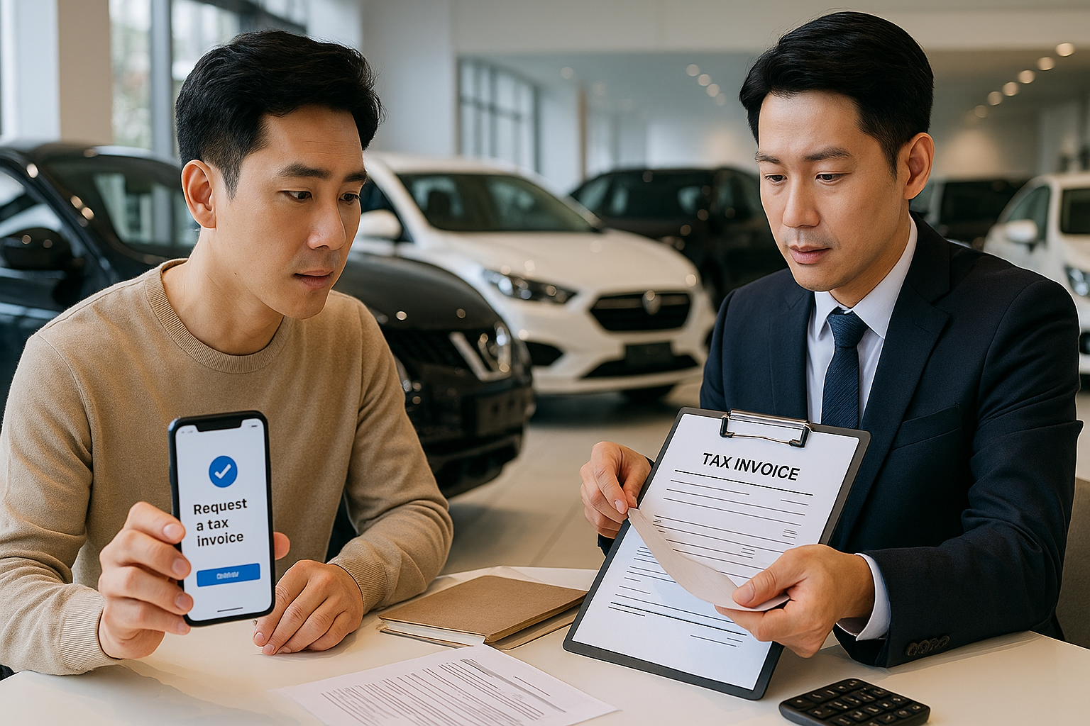중고차 매장에서 고객이 차량을 선택한 후 세금계산서 요청