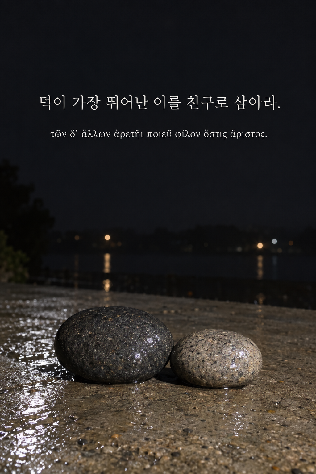 덕이 가장 뛰어난 이를 친구로 삼아라. 젖은 바닥에 나란히 놓인 돌 두 개 배경에 한국어와 그리스어 원문을 담은 피타고라스 학파 명언 이미지