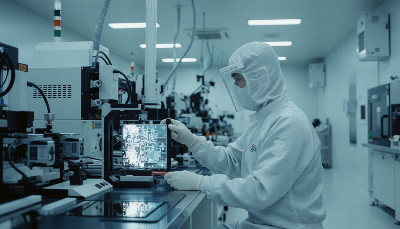현대적인 반도체 클린룸의 매우 사실적이고 영화 같은 장면. 방진복을 입은 한국인 엔지니어가 차가운 푸른 조명 아래에서 반짝이는 실리콘 웨이퍼를 검사하고 있다. 초점은 웨이퍼에 맞춰져 있다.