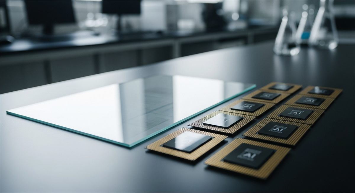AI 칩과 유리기판을 함께 놓고 비교한 상징 장면