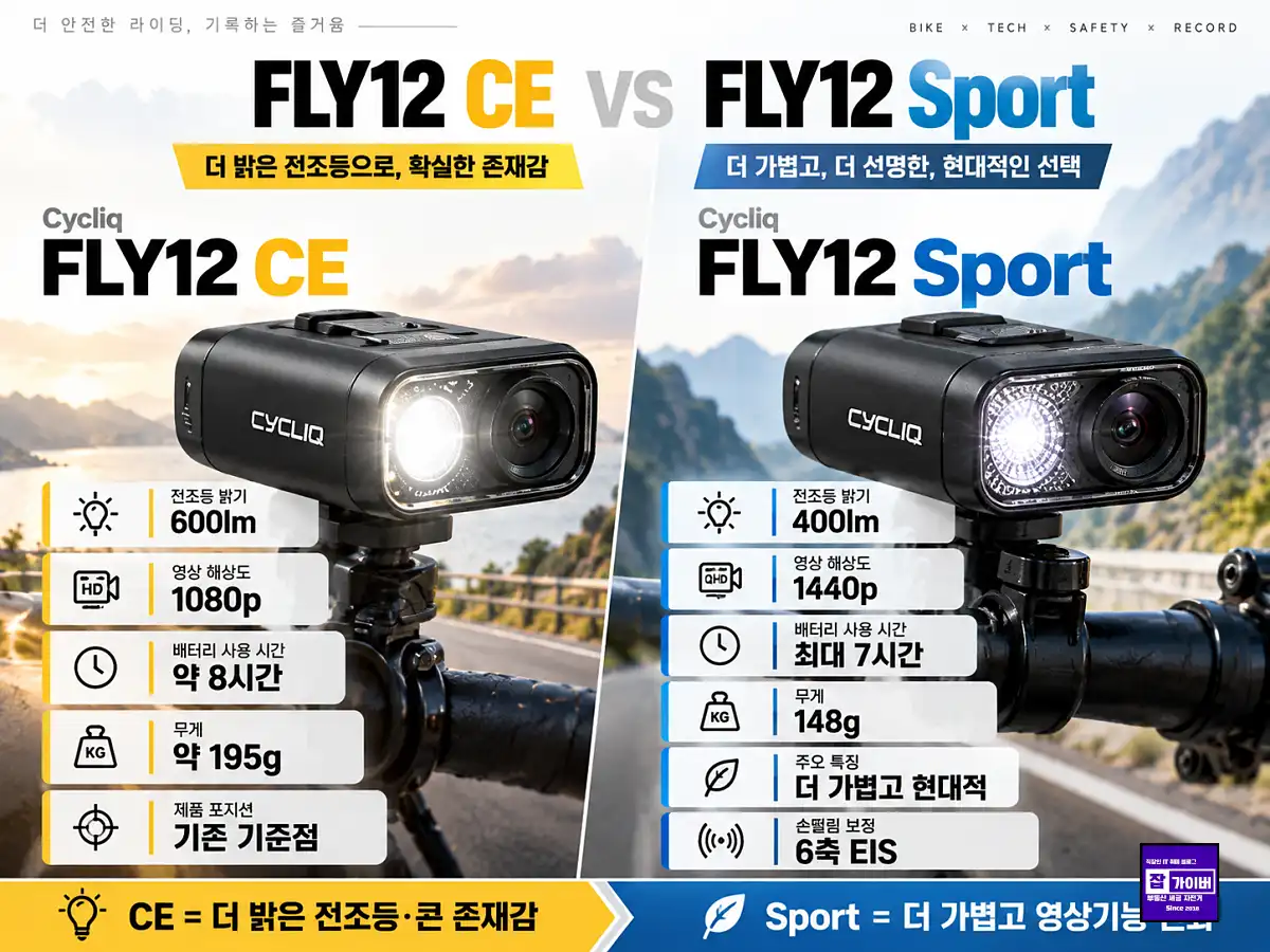 Cycliq FLY12 CE FLY12 Sport 화질 밝기 배터리 무게 상세 비교