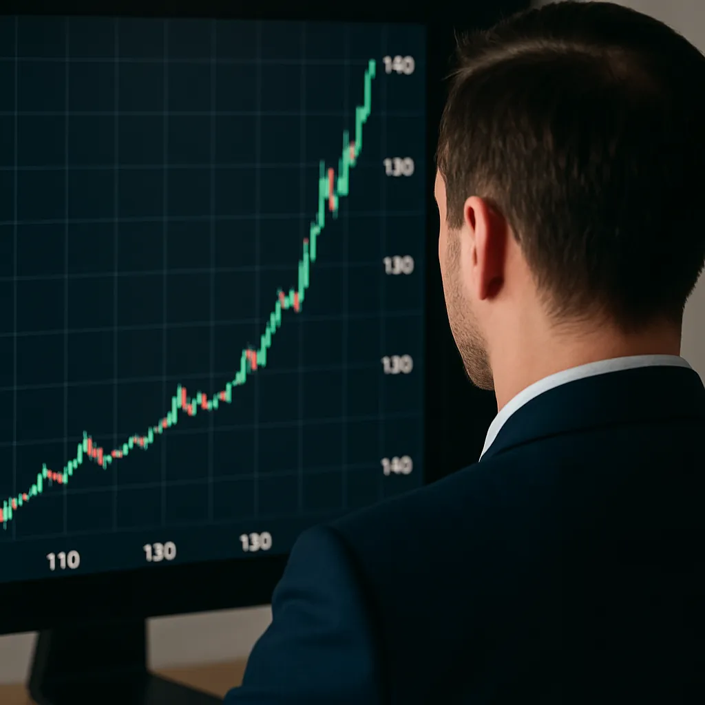 상장 첫날 급등하는 주가 차트를 바라보는 남성의 뒷모습