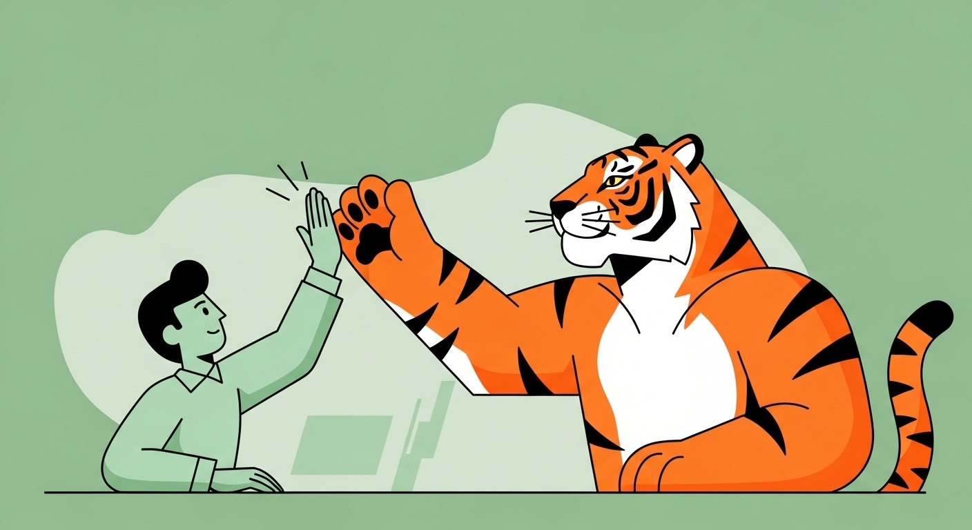 동료와 하이파이브하며 협동하는 활기찬 호랑이띠 캐릭터 일러스트