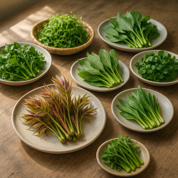 참죽나물과 봄나물들이 자연광 아래 건강하게 진열된 모습