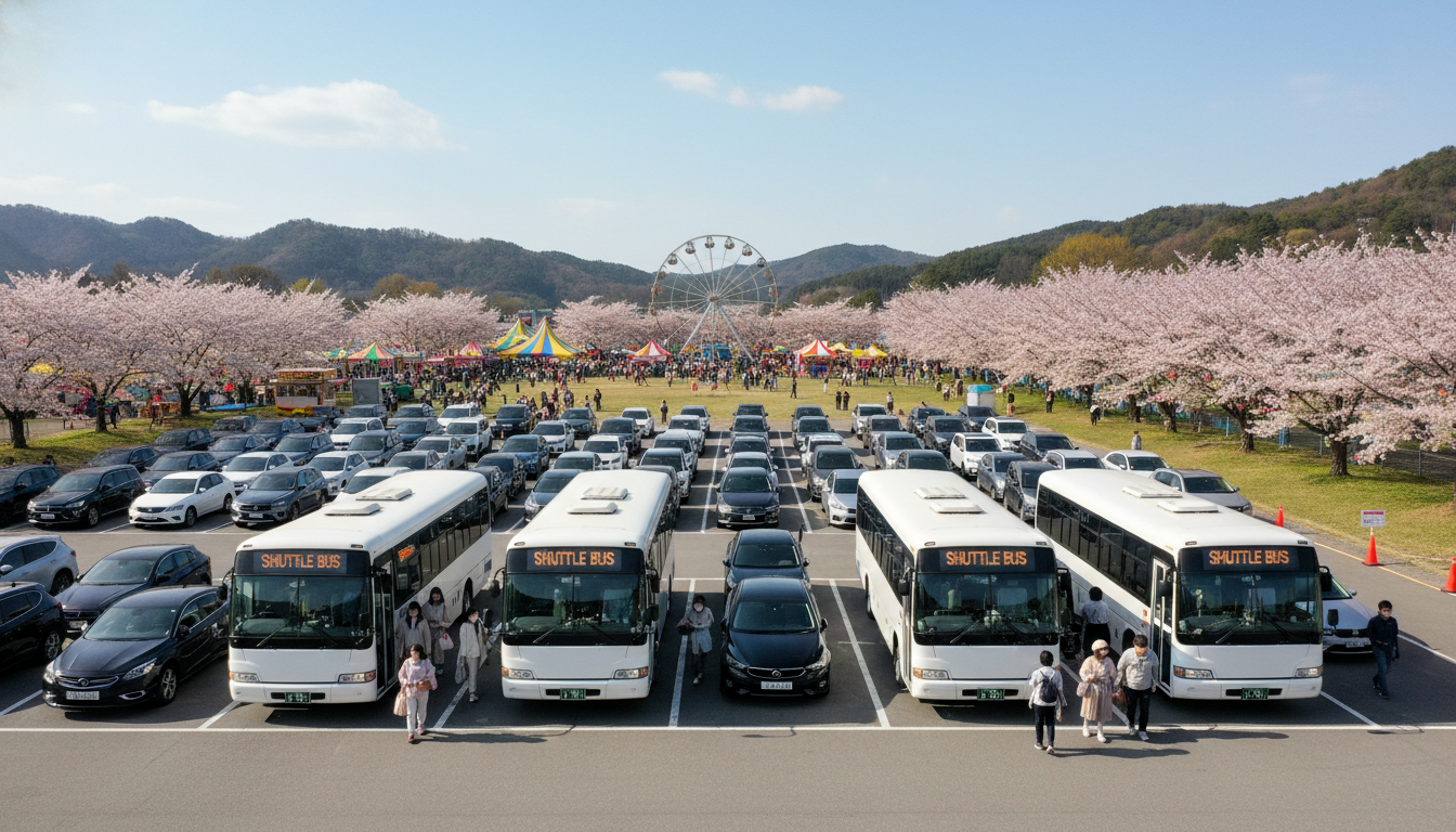 논산 딸기축제 셔틀버스 탑승장과 여유로운 임시 주차장 전경