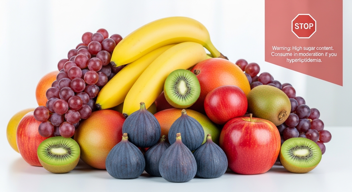 신선하고 먹음직스러운 다양한 과일들이 쌓여 있지만, 고지혈증 환자에게 과다 섭취 주의를 알리는 경고 표시가 있는 이미지