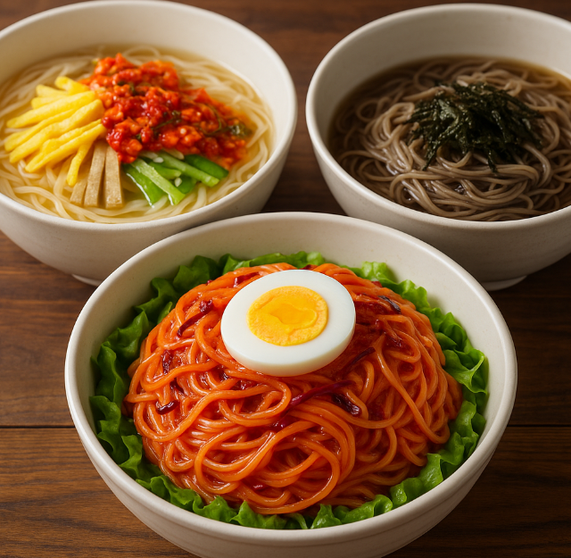 잔치국수, 비빔국수, 매밀국수가 그릇에 담겨있는 사진