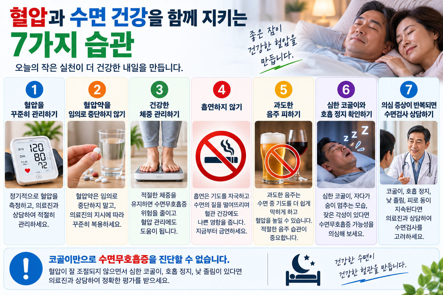 혈압과 수면 건강을 관리하고 필요한 치료를 받는 생활습관 요약