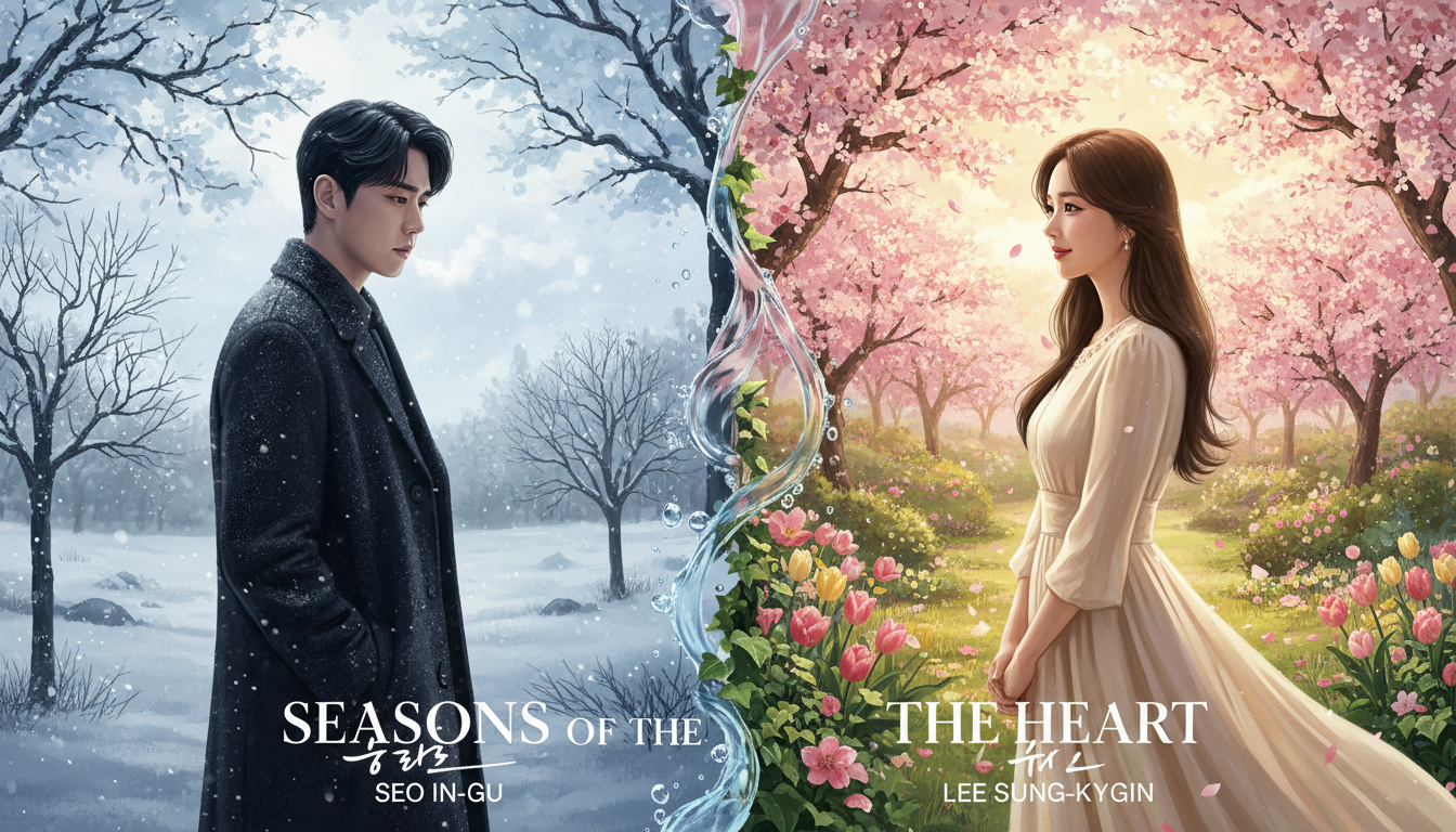 드라마 찬란한 너의 계절에 주연 배우 서인국과 이성경이 겨울과 봄의 배경 속에 서 있는 감성적인 포스터 일러스트