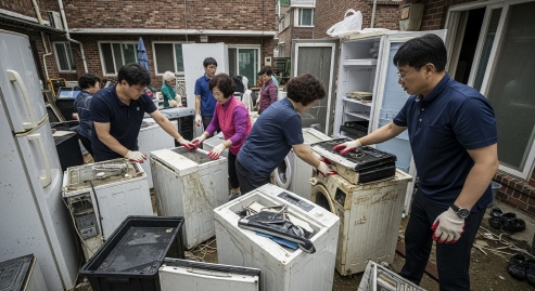 물에 젖은 가전제품을 정리하는 주민