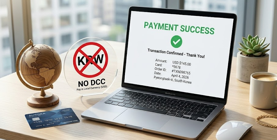 해외 결제 시 DCC(원화결제)를 차단하고 현지 통화로 결제하는 팁을 형상화한 이미지