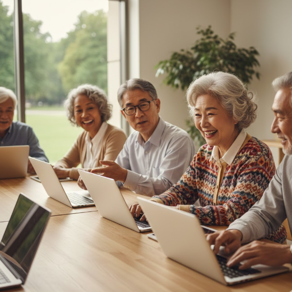 국민연금 수령자들이 노트북을 이용해서 확인하는 장면