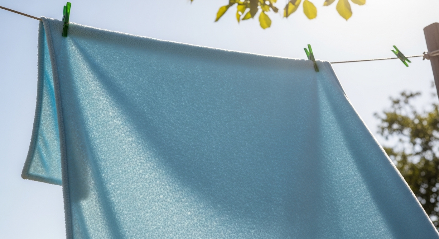 깨끗하게 세탁되어 햇볕에 잘 말리고 있는 폭신한 극세사 이불]