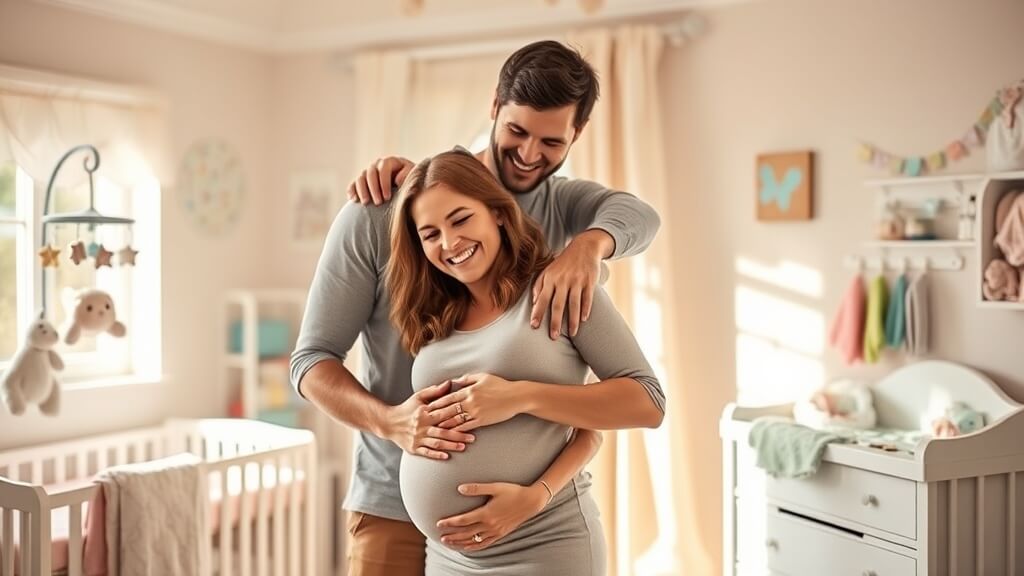 부부가 아기를 위한 파란색 아기 옷이나 장난감을 들고 행복한 미소를 짓고 있다. 따뜻하고 설레는 분위기 속에서 아들 아이의 탄생을 기대하는 모습을 표현한다.