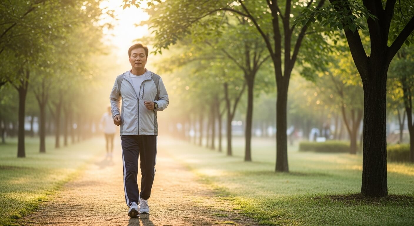 아침 햇살 아래 공원을 걷는 중년 남성의 건강한 운동 루틴
