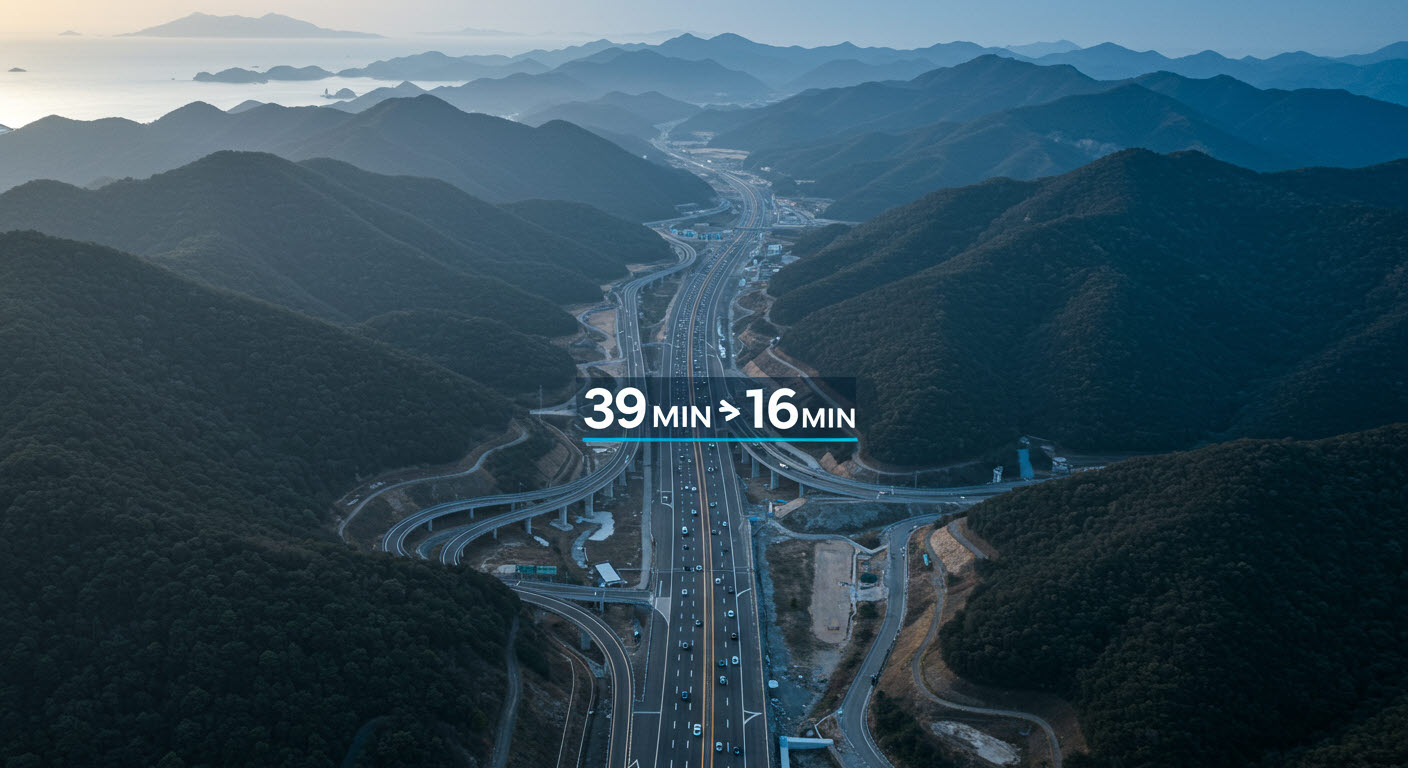 고속도로가가 있고 39분->16분이라는 표식이 되어있다