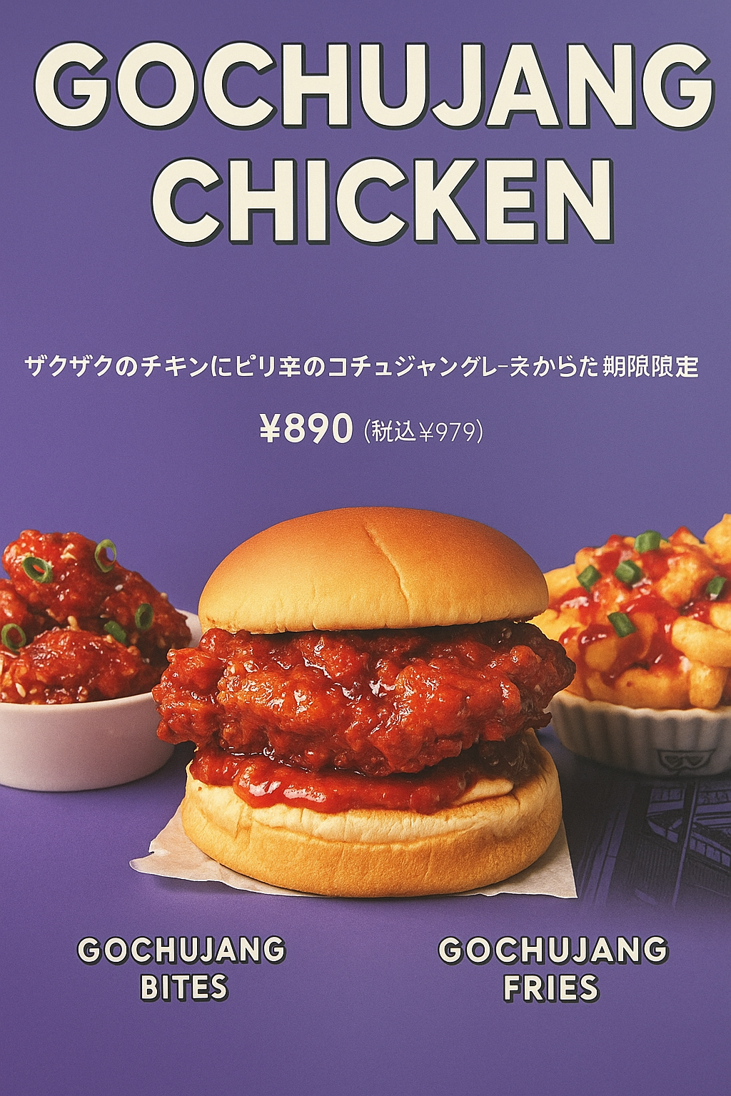 일본 쉐이크쉐이크(Shake Shack) 매장에서 한정 판매된 고추장 치킨 버거, 고추장 바이트, 고추장 프라이 메뉴. 이미지