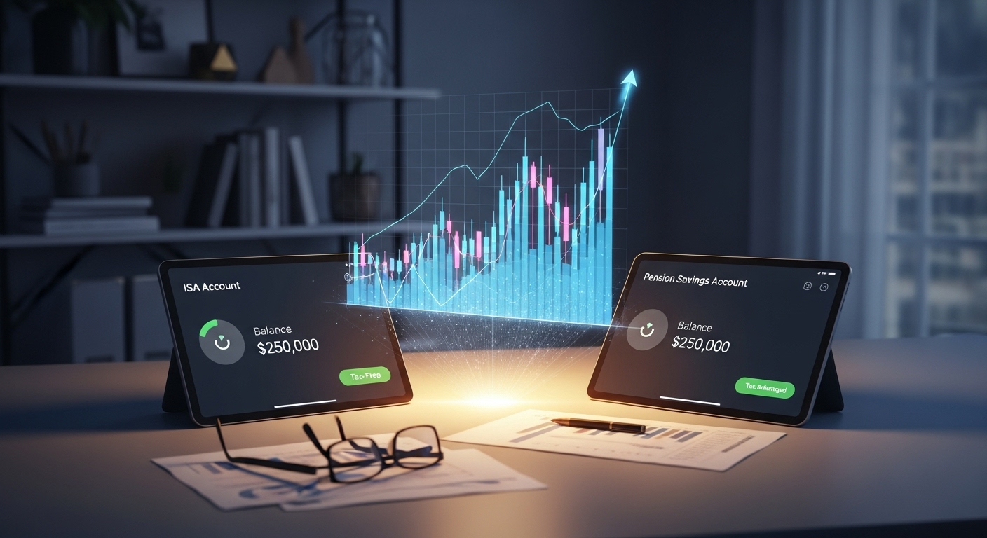ISA 계좌와 연금저축 통장 및 주식 그래프: 금융 투자 절세 전략을 상징