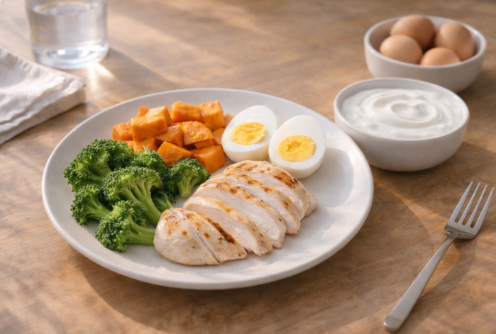 구운 닭가슴살, 브로콜리, 고구마, 삶은 달걀, 그릭요거트가 담긴 고단백 식단