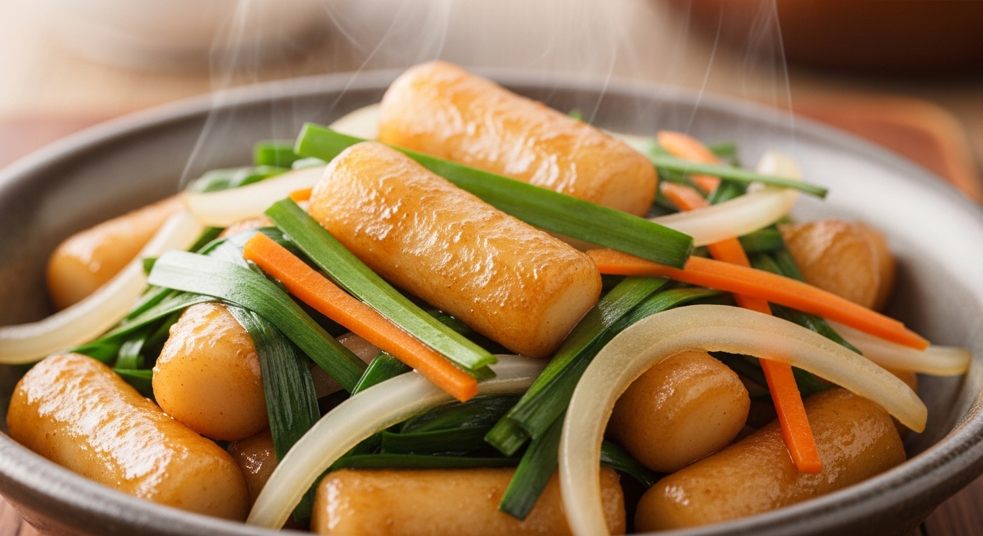 향긋한 부추와 쫀득한 가래떡, 아삭한 채소가 어우러진 먹음직스러운 부추 가래떡 볶음 근접 사진