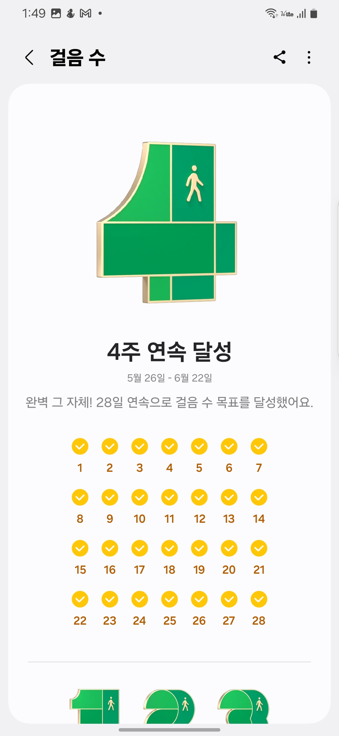 A calendar-style achievement badge showing 28 consecutive days of walking, marked with check circles for each day from May 26 to June 22.-5월 26일부터 6월 22일까지 28일 연속 걷기 성공을 보여주는 달력형 기록 – 하루도 빠짐없이 체크된 아이콘이 표시됨