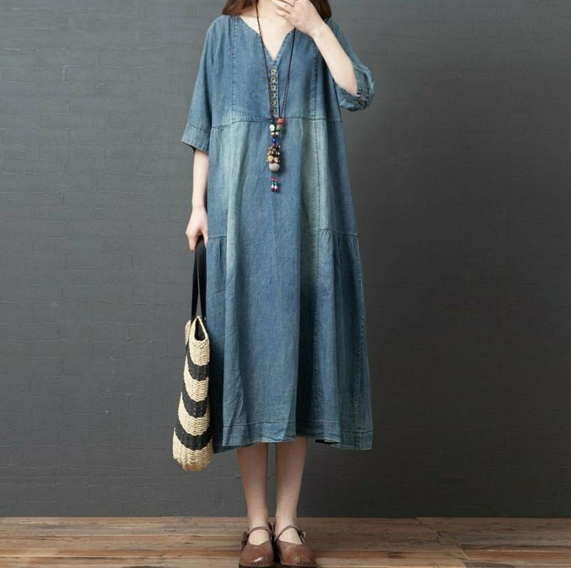 (30% 특가) 50대 엄마옷 중년여성옷 마담 빅사이즈 브이넥 단추 청 데님 롱 원피스