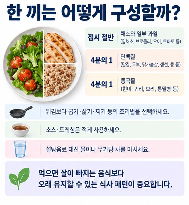 접시 절반 채소와 과일 4분의 1 단백질 4분의 1 통곡물과 물 무가당 차를 활용하는 한 끼 다이어트 식사 구성 인포그래픽