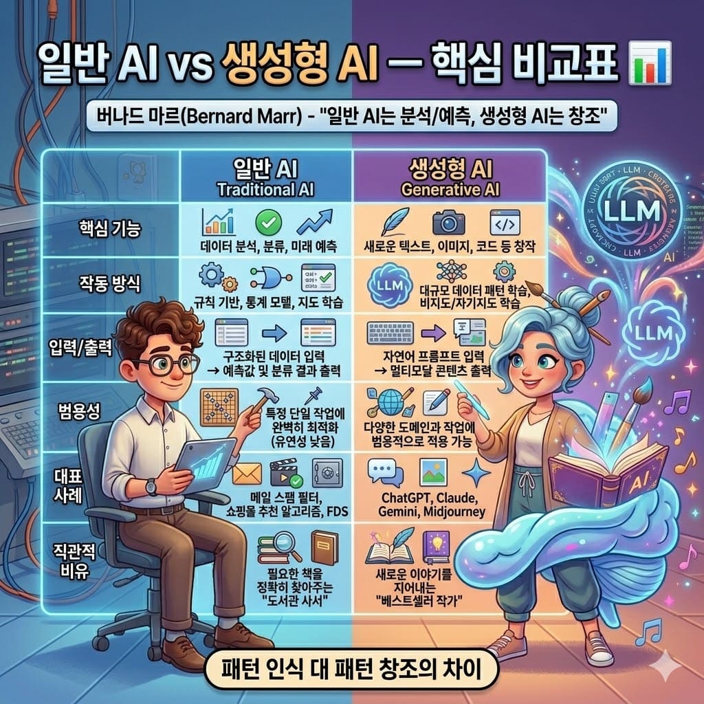 일반 AI vs 생성형 AI &mdash; 핵심 비교표