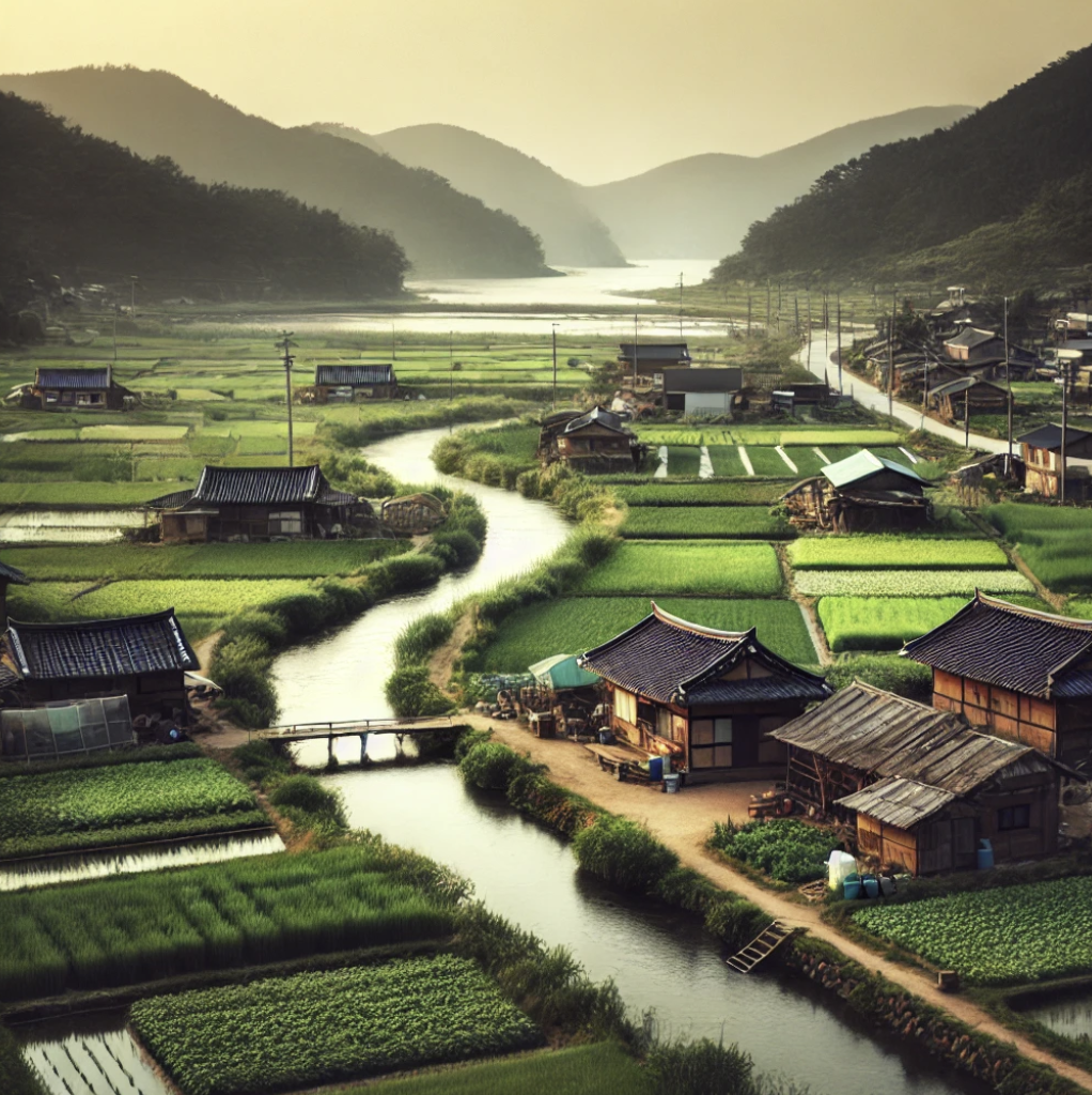 평화로운 농촌 마을의 전경.