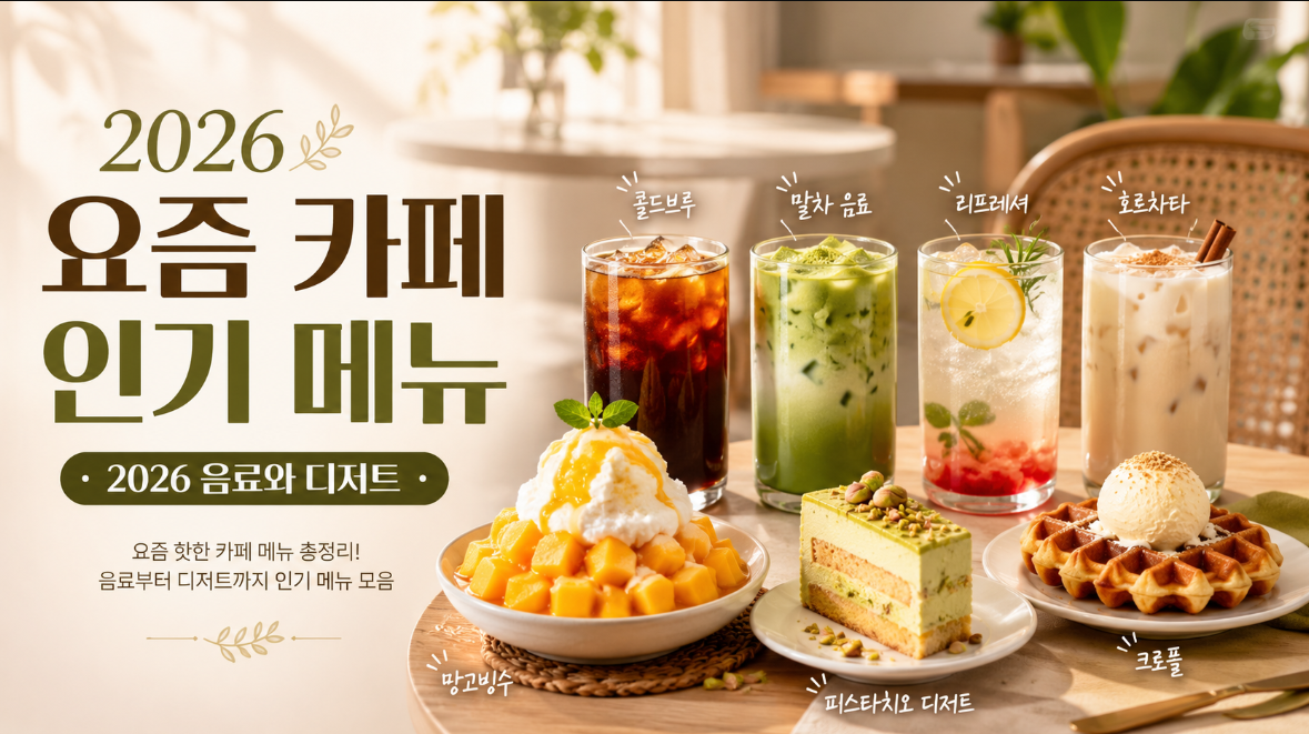 2026년에 사람들이 많이 찾는 카페 인기 메뉴인 콜드브루, 말차, 리프레셔, 망고빙수를 보여주는 이미지