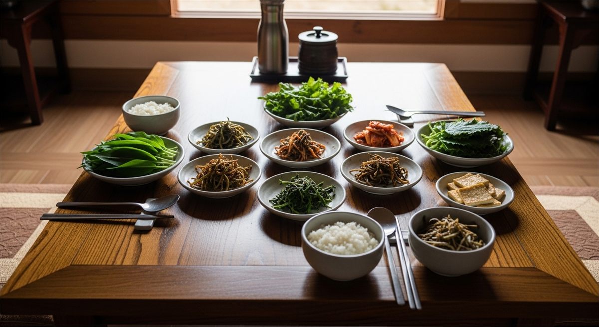 적당한 양의 봄나물이 놓인 차분한 식탁 전경 