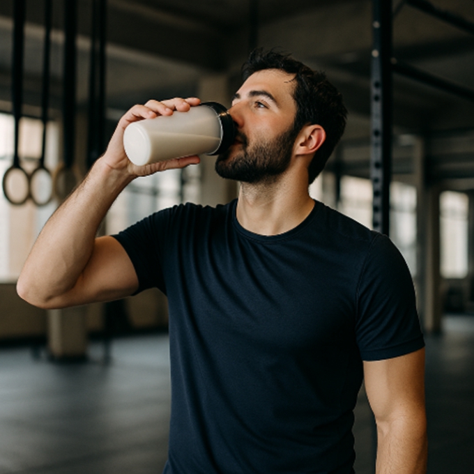헬스장에서 단백질 쉐이크를 마시는 사람