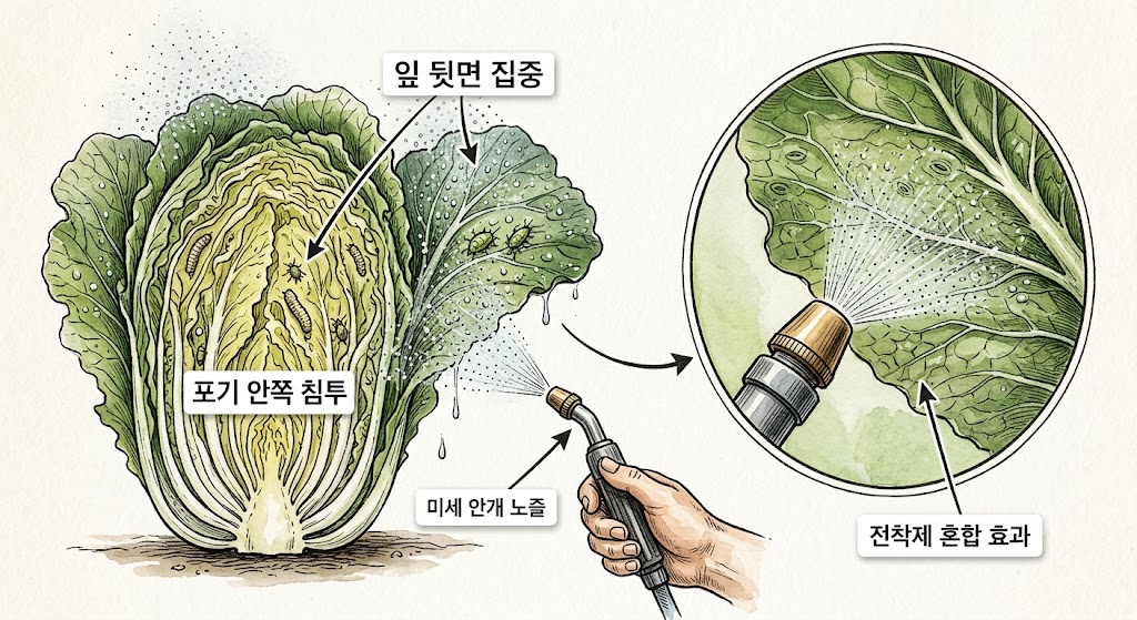 배추 잎 뒷면과 속잎까지 방제액이 구석구석 도포되도록 노즐을 비스듬히 아래에서 위로 올려 뿌리는 상세 안내 그림