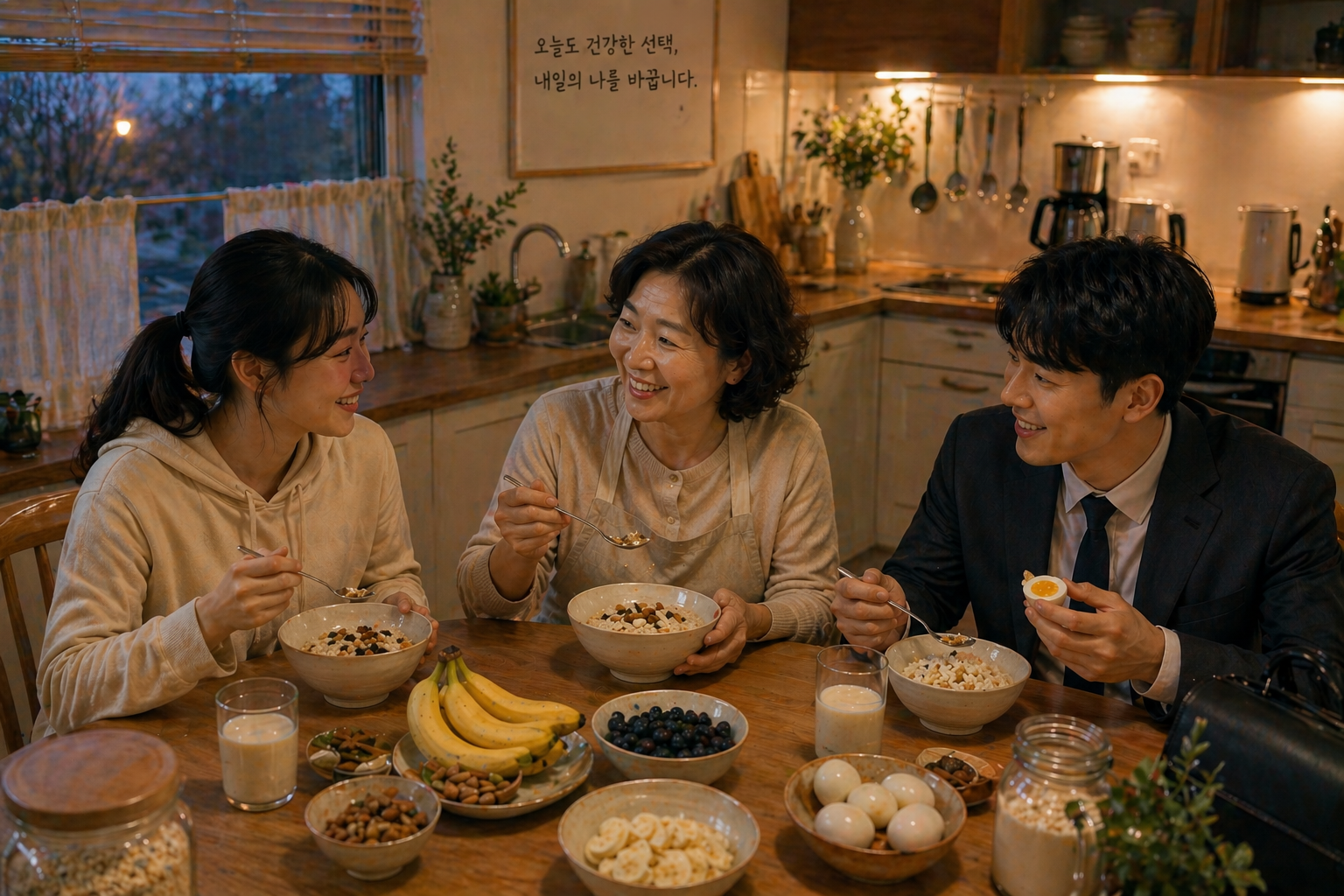 이른 아침 7시 전 가족이 주방 식탁에 둘러앉아 오트밀과 과일, 현미밥으로 출근 전 아침식사를 하는 따뜻한 장면