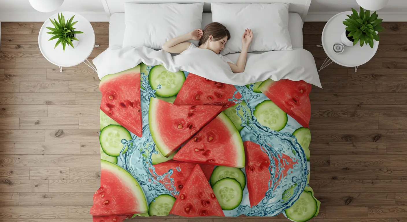 수박과 오이 패턴의 이불을 덮고 잠자는 여성의 위에서 내려다본 모습, 시원한 여름 수면을 상징하는 초현실적 이미지