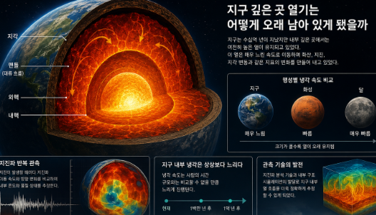지구 내부 단면과 관측 기록을 통해 수십억 년 동안 천천히 식고 있는 행성 내부 추적 장면