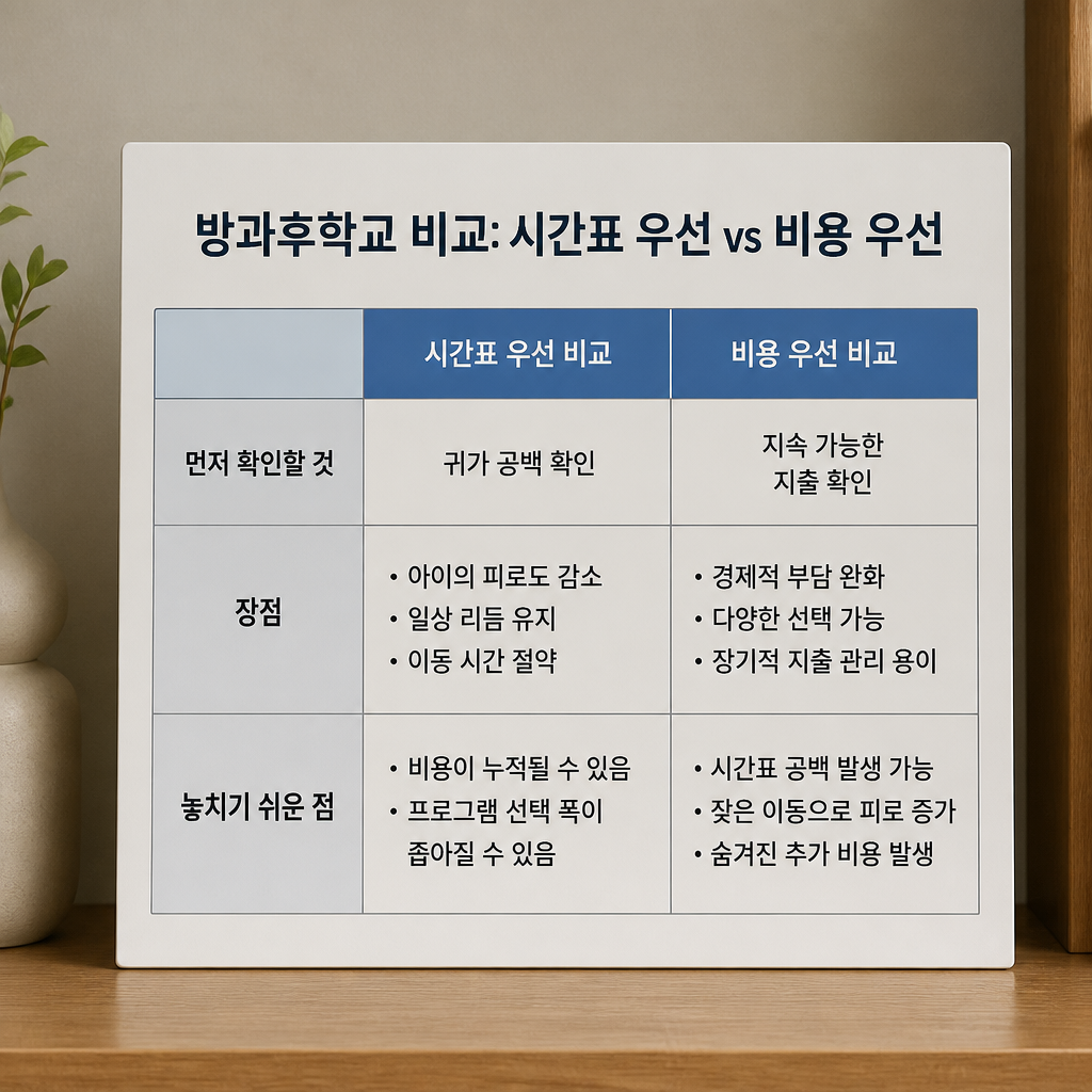 시간표 우선 비교와 비용 우선 비교의 확인 항목과 장단점을 정리한 표