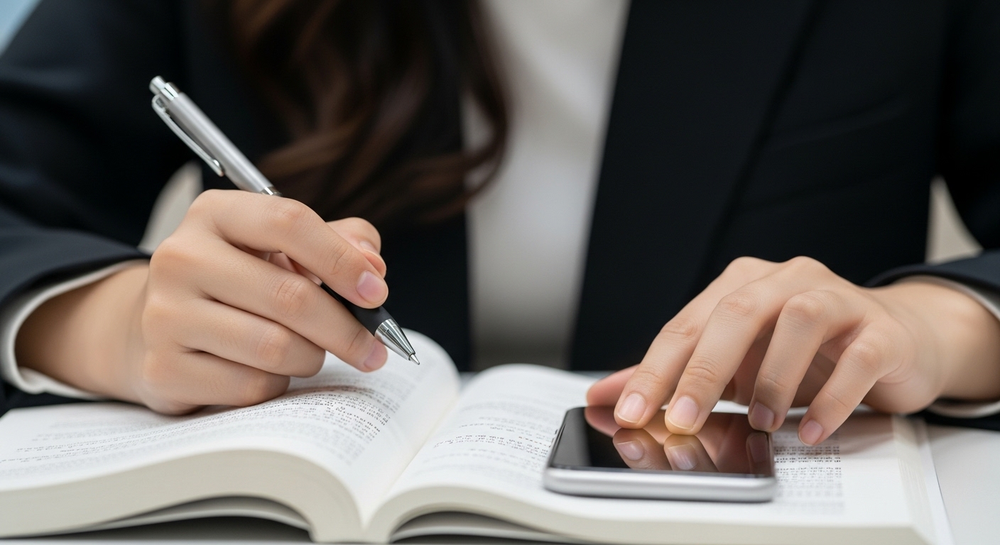 책상 밑으로 스마트폰을 몰래 만지고 있는 한국인 수험생 여성의 손.